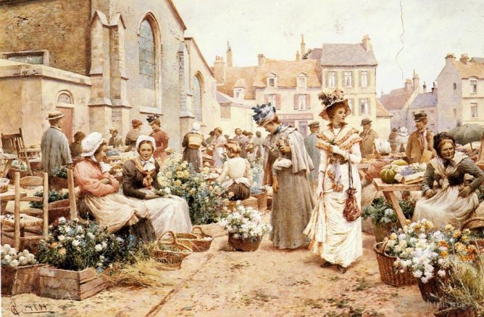 Alfred Glendening Oil Painting - Jr Alfred Augustus Flower Market In A French Town Alfred Glendening